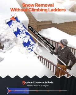 Snöraka för tak - Teleskopisk takskrapa - Räckvidd 1,25–5,24 m - Aluminiumblad 27 cm - Hjul - Glidduk - Lättvikt - För snö, löv & skräp