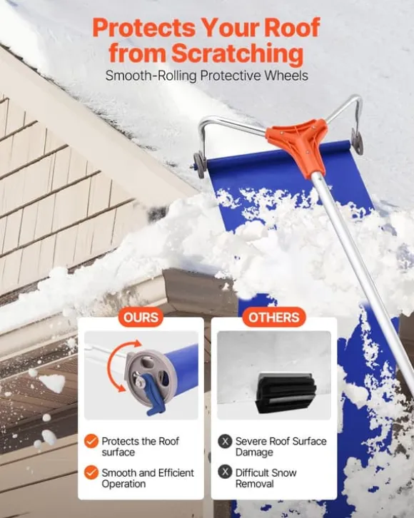 Snöraka för tak - Teleskopisk takskrapa - Räckvidd 1,25–5,24 m - Aluminiumblad 27 cm - Hjul - Glidduk - Lättvikt - För snö, löv & skräp