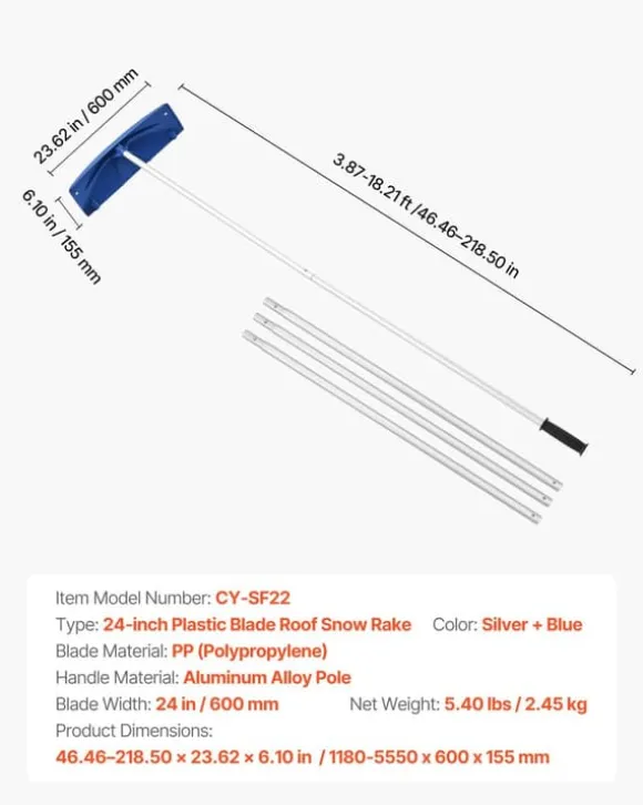 Snöraka för tak/Taksnöskrapa - Teleskopisk - PP-plastblad 60 cm - Räckvidd 1,18–5,55 m - Med hjul - Halkfritt handtag - Lätt - För snö och löv