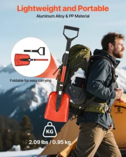 Snöskyffel - Hopfällbar - Blad 22 cm - Justerbar längd 91–102 cm - D-handtag - Lätt aluminiumlegering - Ergonomisk