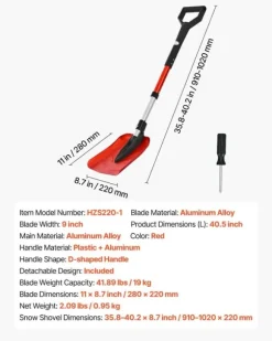 Snöskyffel - Hopfällbar - Blad 22 cm - Justerbar längd 91–102 cm - D-handtag - Lätt aluminiumlegering - Ergonomisk