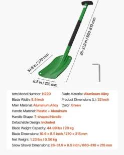 Snöskyffel - Snöplog - Aluminium - 21,5 cm Bredd - T-handtag - Lätt och bärbar - För uppfart, bil, camping - Stor kapacitet