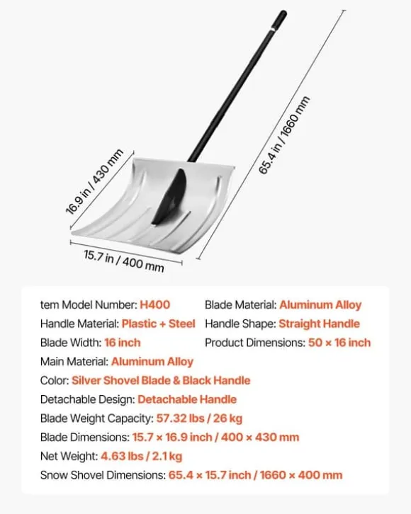Snöskyffel - Snöskovel 40 cm - Aluminiumlegering - Halkfritt Grepp - Lätt - Avtagbart Skaft - Stor Kapacitet - För Uppfart