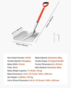 Snöskyffel för uppfart - Snöplogskyffel - 35 cm Bredd - Aluminiumlegering - D-format Handtag - Lättvikt - Stor Kapacitet