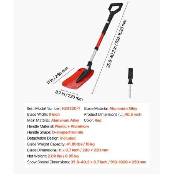 Snöskyffel, 91-102x22 cm, Röd, Fällbart verktyg i aluminiumlegering