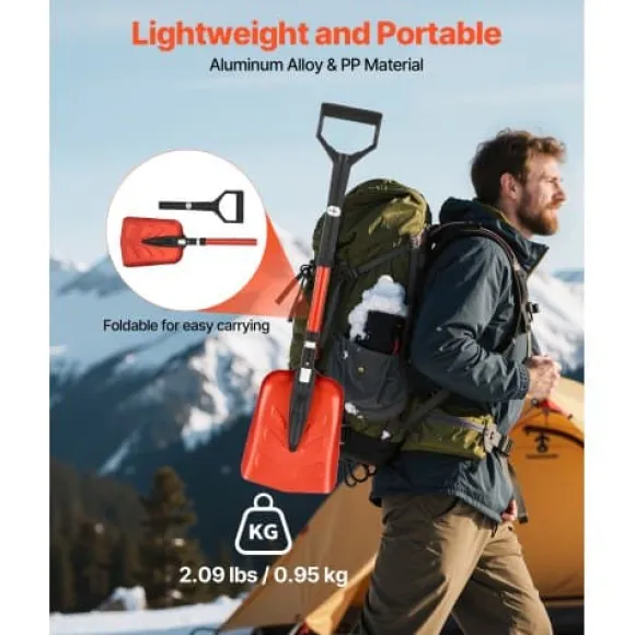 Snöskyffel, 91-102x22 cm, Röd, Fällbart verktyg i aluminiumlegering