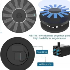 Solar Bird Bath Fountain Pump, Solar Fountain Pump för Fågelbad med 6 munstycken, Solar Powered Water Fountain Pump för trädgård, dammar, pool