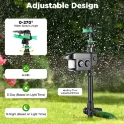 Solcellsdriven djurskrämma - Rörelseaktiverad sprinkler - Sprutvinkel 0–270° - IPX4 Stänkskydd - ABS-material - Vikt 0,8 kg - För trädgård