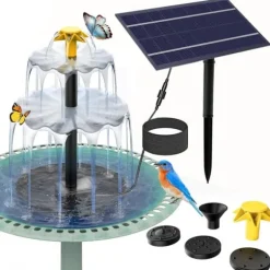 Solcellsfontän för Trädgård – Fågelbadfontän med 3-lagers Vattenfall, 4 Munstycken & DIY Vattenfunktion