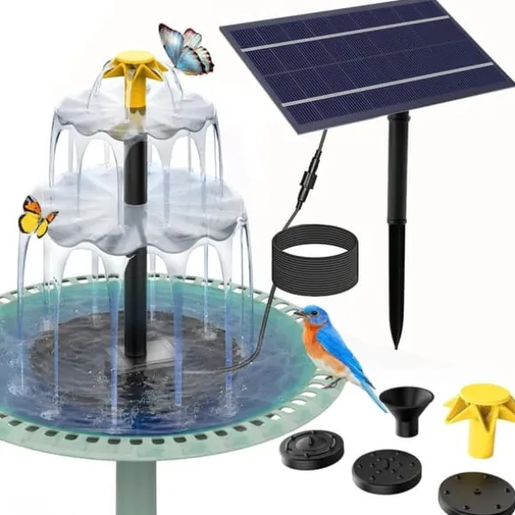 Solcellsfontän för Trädgård – Fågelbadfontän med 3-lagers Vattenfall, 4 Munstycken & DIY Vattenfunktion