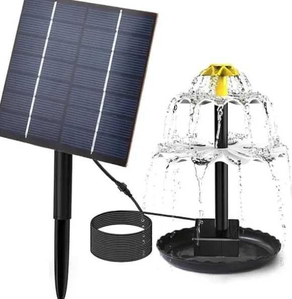 Solcellsfontän för Trädgård – Fågelbadfontän med 3-lagers Vattenfall, 4 Munstycken & DIY Vattenfunktion