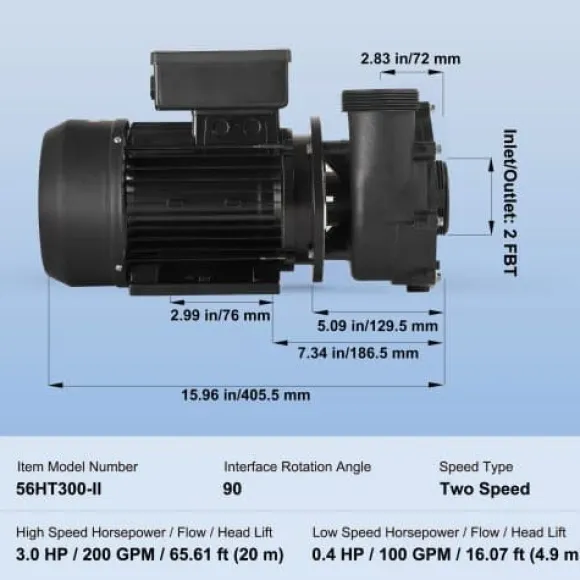 Spa-pump, dubbelfart 56-ram, 2" port, 90° roterande gränssnitt, TÜV-certifierad