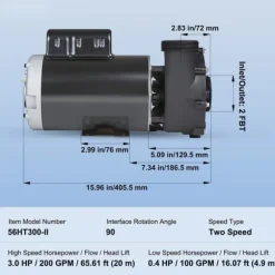 Spa-pump 1600W, dubbel hastighet 39 m³/h, 400W 19 m³/h, 2 In/5,6 cm kontakter, överhettningsskydd, läckageskydd, 90° rotation