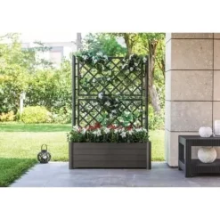 STEFANPLAST Rektangulär planteringslåda med spaljé - Trä finish - 100 x 43 x H 142 cm - 80 L - Grafit