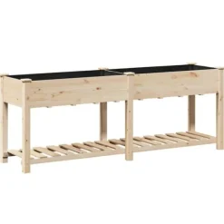 Stort rektangulärt trädgårdsplanterare med hylla i massivt trä | Storlek: 203x53x76 cm | Färg: Naturligt trä