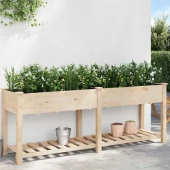 Stort rektangulärt trädgårdsplanterare med hylla i massivt trä | Storlek: 203x53x76 cm | Färg: Naturligt trä