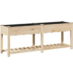 Stort rektangulärt trädgårdsplanterare med hylla i massivt trä | Storlek: 203x53x76 cm | Färg: Naturligt trä