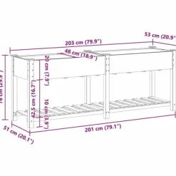 Stort rektangulärt trädgårdsplanterare med hylla i massivt trä | Storlek: 203x53x76 cm | Färg: Naturligt trä