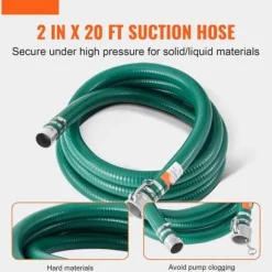 Sugslang 2 tum x 20 fot, högkvalitativ grön slang med kopplingar, professionell användning, idealisk för trädgård och industriella applikationer