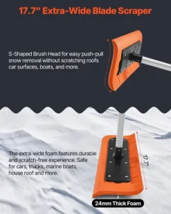 Taksnöraka - Snöskrapa för tak - Justerbar 2,25–5,62 m - Skumblad 45 cm - Förlängningsskaft - Halkfritt handtag - Lättvikt - För snö, löv och skräp