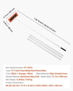 Taksnöraka - Snöskrapa för tak - Justerbar 2,25–5,62 m - Skumblad 45 cm - Förlängningsskaft - Halkfritt handtag - Lättvikt - För snö, löv och skräp
