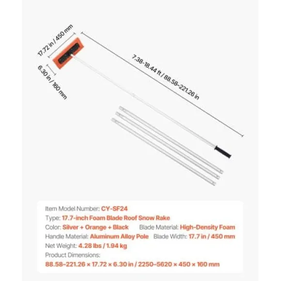 Taksnöskrapa, 225-562 cm x 45 cm x 16 cm, Silver, Skumblad