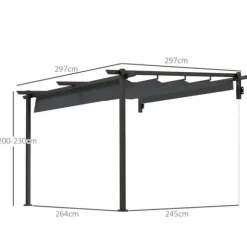 Terrasspergola ca 3x3 m, aluminium, väggmonterad, justerbart tak, mörkgrå