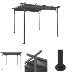 The Living Store Pergola med infällbart tak antracit 3x3 m stål 180 g/m² - Bersåer, spaljéer & pergolor