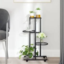 The Living Store Växtställ på hjul 4 hyllor 44x23x80 cm svart järn - Växtställ
