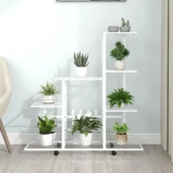 The Living Store Växtställ på hjul 94,5x25x92,5 cm vit metall - Växtställ