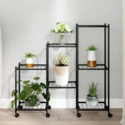 The Living Store Växtställ på hjul 83x25x83,5 cm svart järn - Växtställ