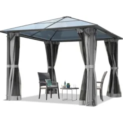 TOOLPORT Trädgårdspaviljong 3x3 m tak i polykarbonat ca. 6 mm - Hardtop paviljong inkl. 4 sidoväggar & 4 myggnät grå