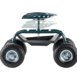 Trädgårdsbänk på hjul, hållbar stålram, stödjer upp till 250 lbs, sitsens höjd 18 tum, breda stabila däck, praktisk verktygsförvaring