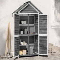 Trädgårdsbod i massiv furu - Förvaringslösning för trädgårdsredskap | Färg: Grå | Storlek: 89x52,5x175 cm