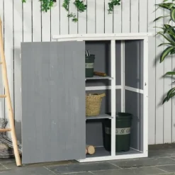 Trädgårdsbod i trä 75×56×115 cm med hyllplan, svart/grå/vit