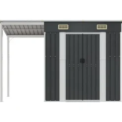 Trädgårdsbod med förlängt tak i stål - Förvaring för verktyg och möbler | Färg: Antracit | Storlek: 277x107x181 cm