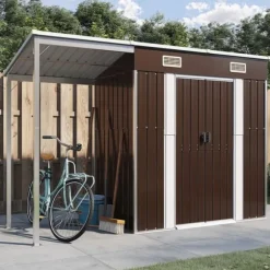 Trädgårdsbod med förlängt tak brun 277x107x181 cm stål