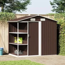 Trädgårdsbod med hylla brun 205x130x183 cm järn