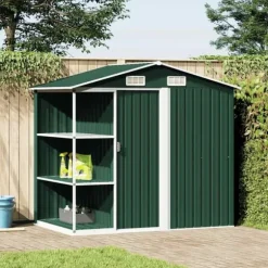 Trädgårdsbod med hylla grön 205x130x183 cm järn