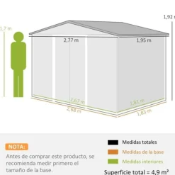 Trädgårdsbod utomhus - Metallförråd - 277 x 195 x 192 cm - Glasfibertak - Skjutdörr - Förstärkt bas (utan golv) - Grå