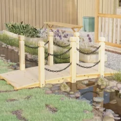 Trädgårdsbro med kedjeräcken i massivt granträ | Storlek: 150x67x56 cm | Färg: Naturlig träton