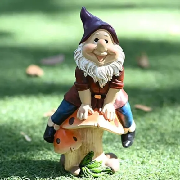 Trädgårdsdvärgstaty, gjord av hartsmaterial, lekfull dvärg som sitter på en svamp, trädgårdsdekoration, älvdvärgskulpturdekoration, juldekoration uto | CDON