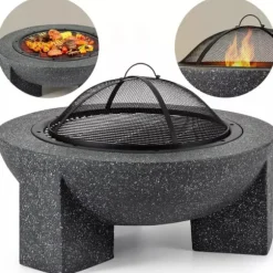 Trädgårdskamin för terrass eller tomt - Mörk granit + grill + poker