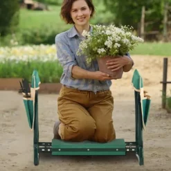 Trädgårdsknäkudde och sittbänk, 59x29x49 cm, hopfällbar, stål