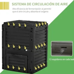 Trädgårdskompost - Kompostbehållare - 300 L Kapacitet - 48 Ventilationshål - 60,5×60,5×81,5 cm - Plast - Svart