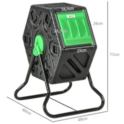 Trädgårdskompost - Roterande komposttumlare - Dubbelkammare - 65 l - 60 x 49 x 77 cm - Svart