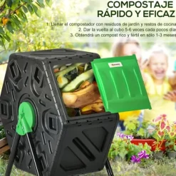 Trädgårdskompost - Roterande komposttumlare - Dubbelkammare - 65 l - 60 x 49 x 77 cm - Svart