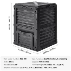 Trädgårdskompostbehållare 80 Gal, BPA-fri, stor kapacitet, utomhus, topplock, bottendörr, enkel montering, snabb bördig jord.