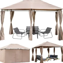 Trädgårdspaviljong 3x4m med sidoväggar och gardiner, vattentät, STRONG TENT