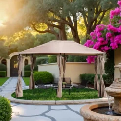 Trädgårdspaviljong 3x4m med sidoväggar och gardiner, vattentät, STRONG TENT